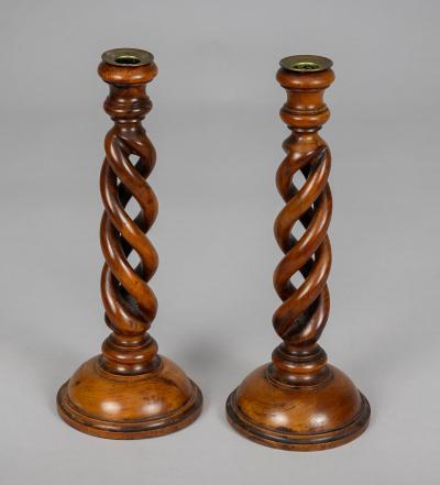 Antique Pair Yew Wood Open Barley Twist Candlesticks