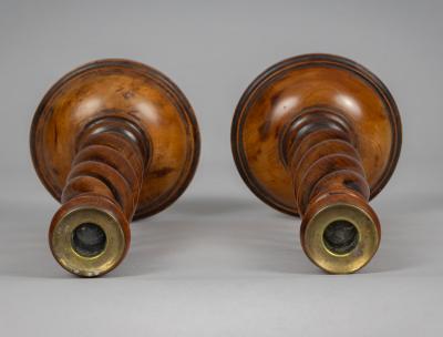 Antique Pair Yew Wood Open Barley Twist Candlesticks