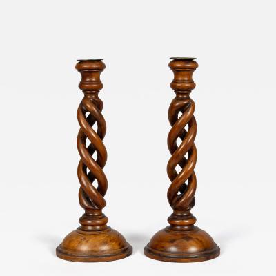 Antique Pair Yew Wood Open Barley Twist Candlesticks