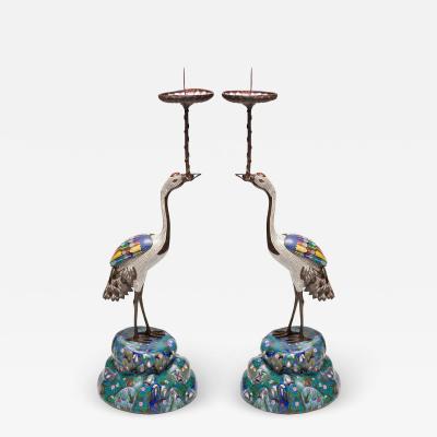 Antique Pair of Blue White and Multicoloured Cloisonn Cranes