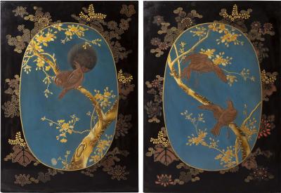 Antique Pair of Chinoiserie Lacquer Panels Pictures of Birds and Cherry Blossom
