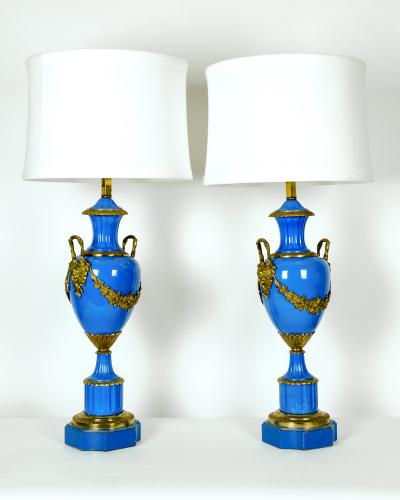 Antique Pair of Enameled or Wood Base Lamps with Brass Design