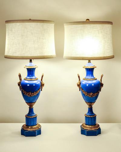 Antique Pair of Enameled or Wood Base Lamps with Brass Design