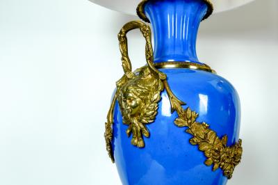 Antique Pair of Enameled or Wood Base Lamps with Brass Design