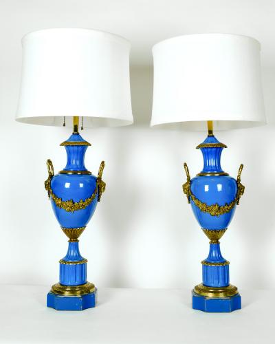 Antique Pair of Enameled or Wood Base Lamps with Brass Design