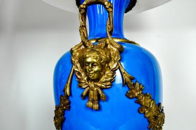 Antique Pair of Enameled or Wood Base Lamps with Brass Design