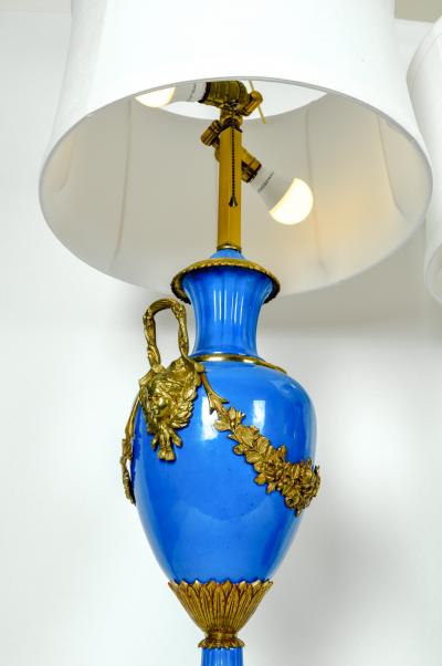 Antique Pair of Enameled or Wood Base Lamps with Brass Design