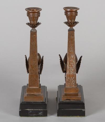 Antique Pair of English Egyptian Revival Candlesticks
