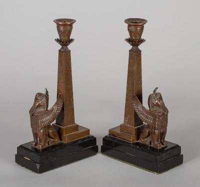 Antique Pair of English Egyptian Revival Candlesticks