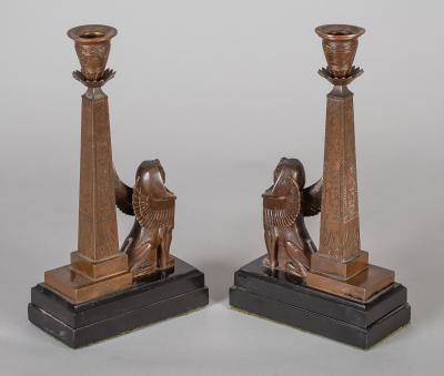 Antique Pair of English Egyptian Revival Candlesticks