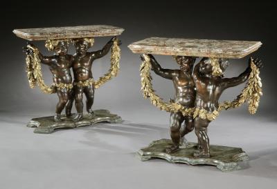 Antique Pair of Italian Giltwood and Ebony Console Side Tables
