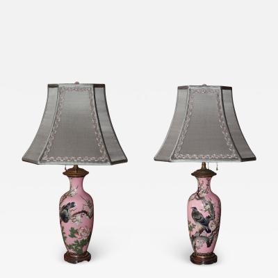 Antique Pair of Japanese Handpainted Pink Porcelain Lamps with Silver Shades