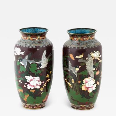 Antique Pair of Maroon Japanese Cloisonne Enamel Vases