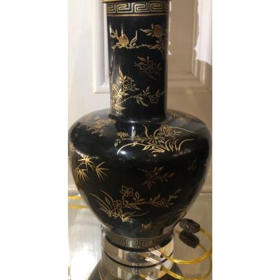 Antique Paper Mache Black Gold Chinoiserie Vase Designer Table Lamp