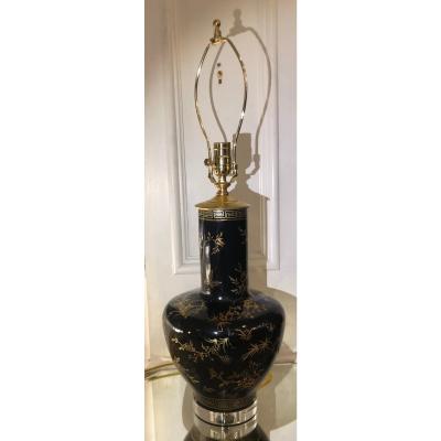 Antique Paper Mache Black Gold Chinoiserie Vase Designer Table Lamp