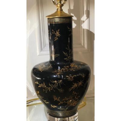 Antique Paper Mache Black Gold Chinoiserie Vase Designer Table Lamp