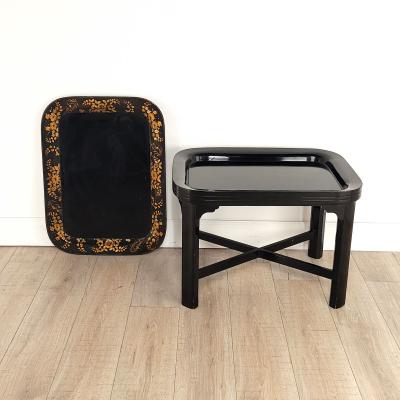 Antique Papier m ch Lacquered Tray on Later Stand