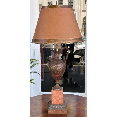 Antique Patinated Bronze Earn Form Marble Lamp With Custom Shade
