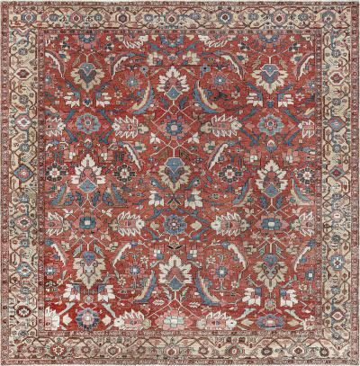 Antique Persian Heriz Rug in Blue Pink Red White and Yellow