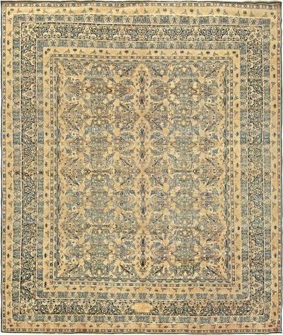Antique Persian Kirman Beige Inky Blue Green and Brown Wool Rug
