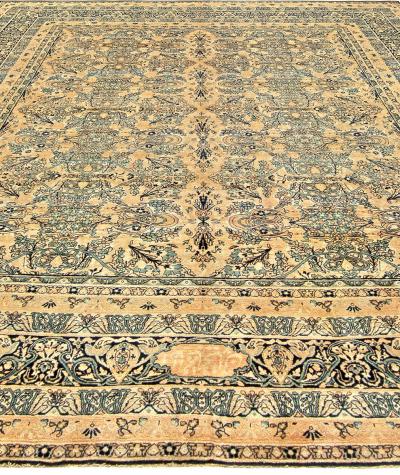 Antique Persian Kirman Beige Inky Blue Green and Brown Wool Rug