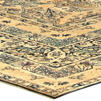 Antique Persian Kirman Beige Inky Blue Green and Brown Wool Rug
