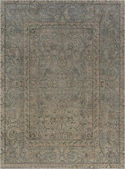 Antique Persian Kirman Blue Green Beige Handmade Wool Rug