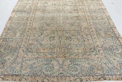 Antique Persian Kirman Blue Green Beige Handmade Wool Rug