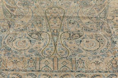 Antique Persian Kirman Blue Green Beige Handmade Wool Rug