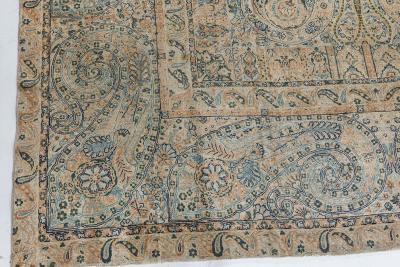 Antique Persian Kirman Blue Green Beige Handmade Wool Rug