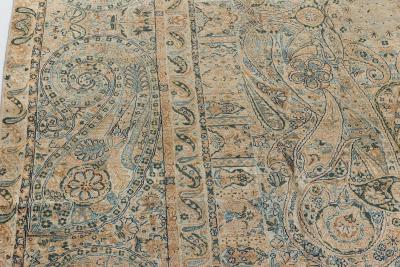 Antique Persian Kirman Blue Green Beige Handmade Wool Rug