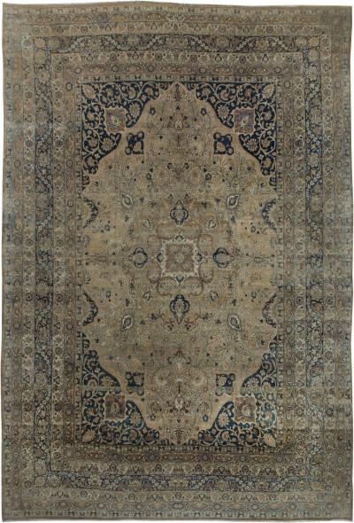 Antique Persian Kirman Botanic Beige Brown Black Handmade Wool Rug