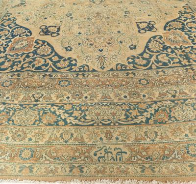 Antique Persian Kirman Botanic Beige Brown Black Handmade Wool Rug