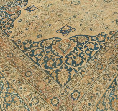 Antique Persian Kirman Botanic Beige Brown Black Handmade Wool Rug