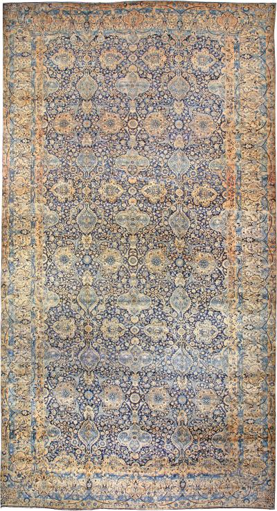 Antique Persian Kirman Botanic Navy Blue Background Rug Size Adjusted 