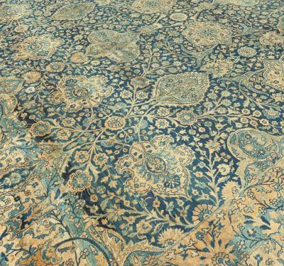Antique Persian Kirman Botanic Navy Blue Background Rug Size Adjusted 