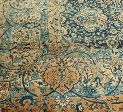 Antique Persian Kirman Botanic Navy Blue Background Rug Size Adjusted 