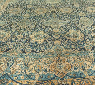 Antique Persian Kirman Botanic Navy Blue Background Rug Size Adjusted 
