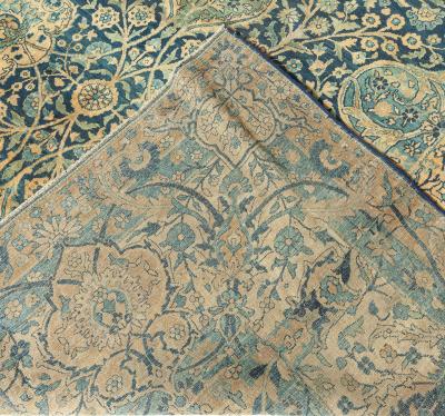 Antique Persian Kirman Botanic Navy Blue Background Rug Size Adjusted 