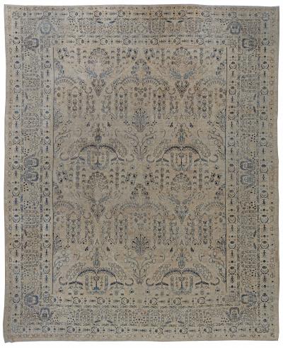 Antique Persian Kirman Camle Black and Blue Handwoven Wool Rug