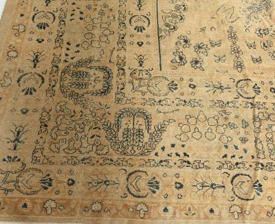 Antique Persian Kirman Camle Black and Blue Handwoven Wool Rug