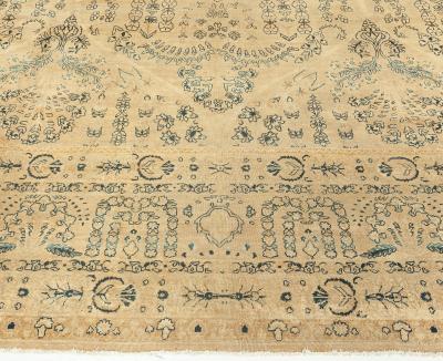Antique Persian Kirman Camle Black and Blue Handwoven Wool Rug