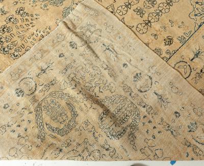 Antique Persian Kirman Camle Black and Blue Handwoven Wool Rug