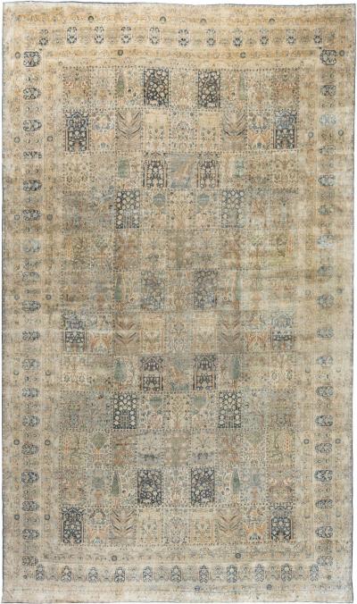Antique Persian Kirman Green Beige Handmade Wool Carpet