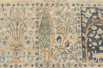 Antique Persian Kirman Green Beige Handmade Wool Carpet