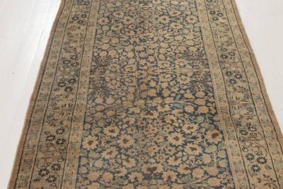 Antique Persian Kirman Indigo Blue Beige and Brown Handwoven Wool Runner
