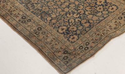 Antique Persian Kirman Indigo Blue Beige and Brown Handwoven Wool Runner