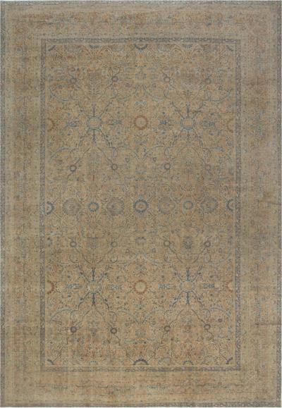 Antique Persian Kirman Orange Beige and Blue Hand Knotted Wool Rug
