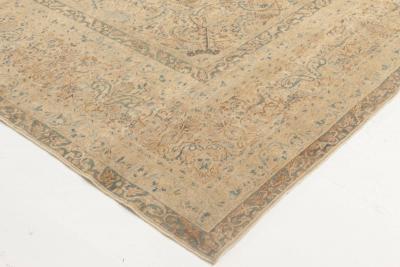 Antique Persian Kirman Orange Beige and Blue Hand Knotted Wool Rug