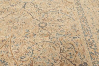 Antique Persian Kirman Orange Beige and Blue Hand Knotted Wool Rug